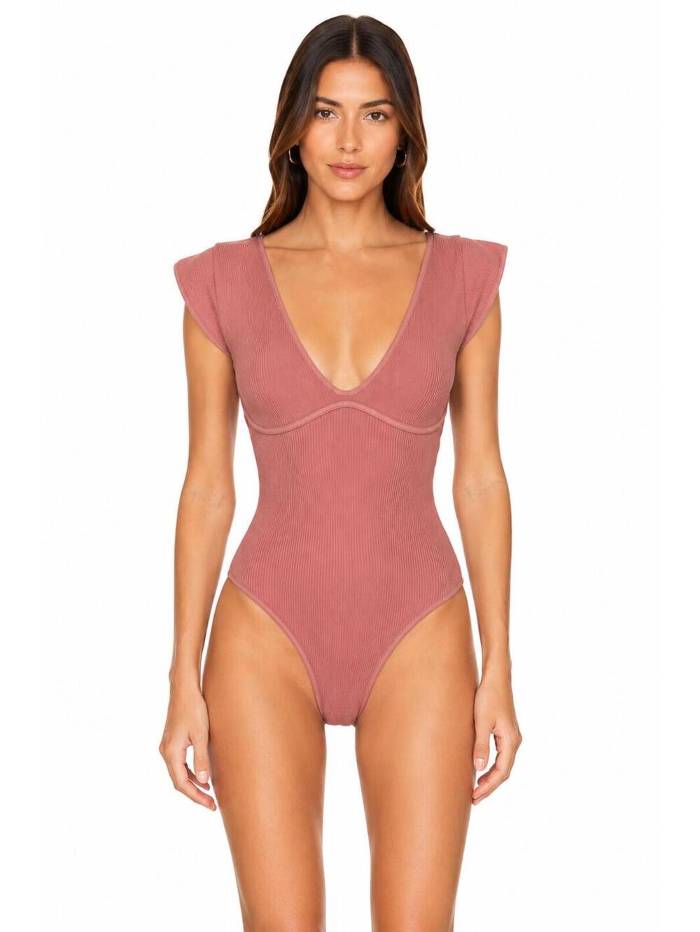 NWT Free People Brandied Ribbed V-Neck Bodysuit Pink M/L